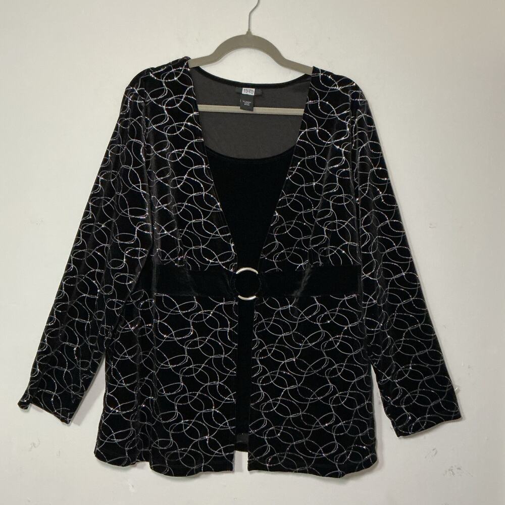 Studio 1940 Vintage Black Velvet Glitter Swirl Overlay Top Plus Size 18/20W